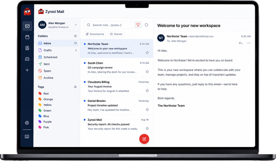 The ZYROXI Mail inbox open on a laptop, showing folders, colour tags and a message delivered to a company's own domain